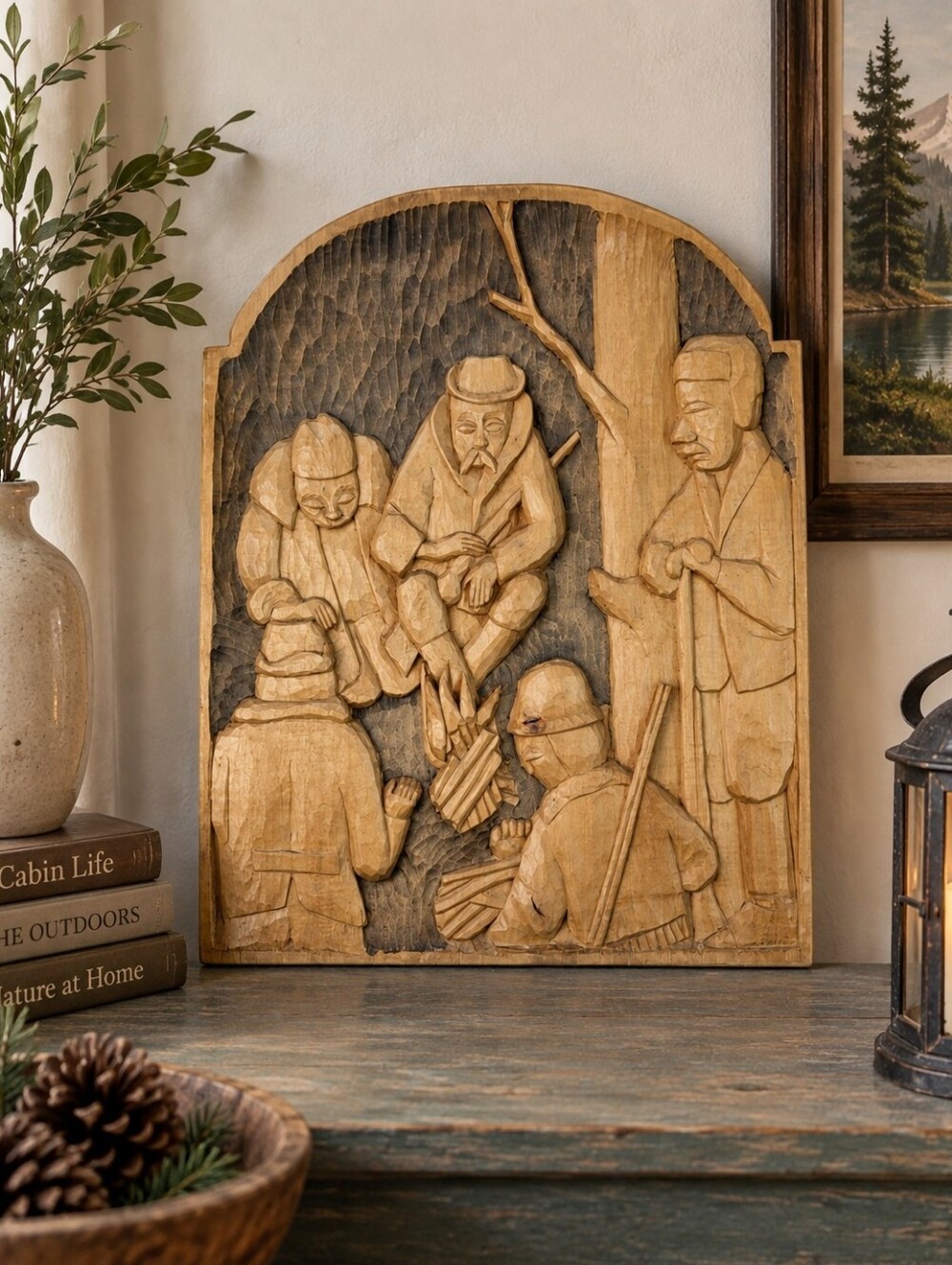 Hand Carved Wood Folk Art Wall Plaque Campfire Scene Cabin Decor Rustic